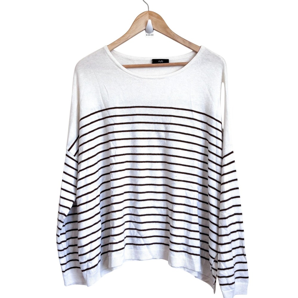Ruti Womens Striped Oversized Knit Sweater M/L White Brown Classic Cashmere Wool